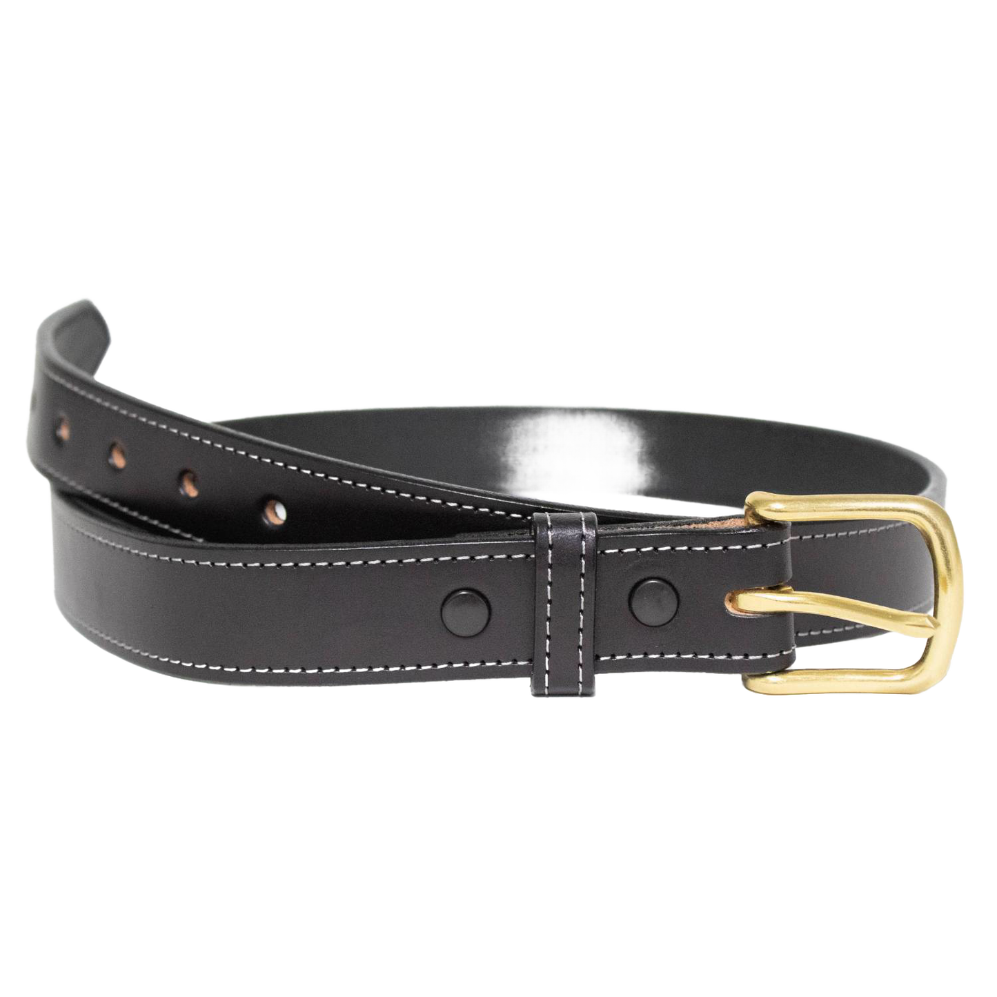Handcrafted black genuine English bridle leather belt with contrast stitching and polished brass buckle, Amish made in USA, suitable for business or casual wear, featured in Clothing and Accessories, USA Made, Amish Made, Best Sellers, and Promo Eligible collections.