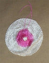 Circular knitted tie-on mantle in white and pink yarn with loose ends, designed for use with gas lights in Lamps & Lighting, Gas Lights, Best Sellers, and Promo Eligible collections.