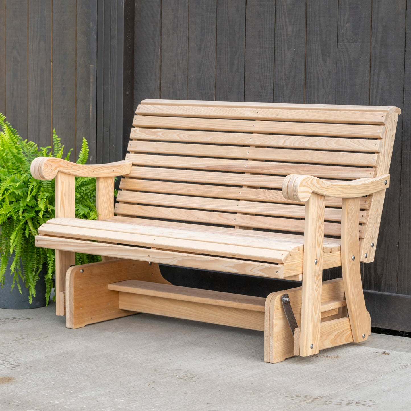 Handcrafted Amish-made outdoor glider swing constructed from low-maintenance cypress wood with contoured back and curved armrests, ideal for porch or garden seating in Home & Decor and Outdoor Furniture collections.
