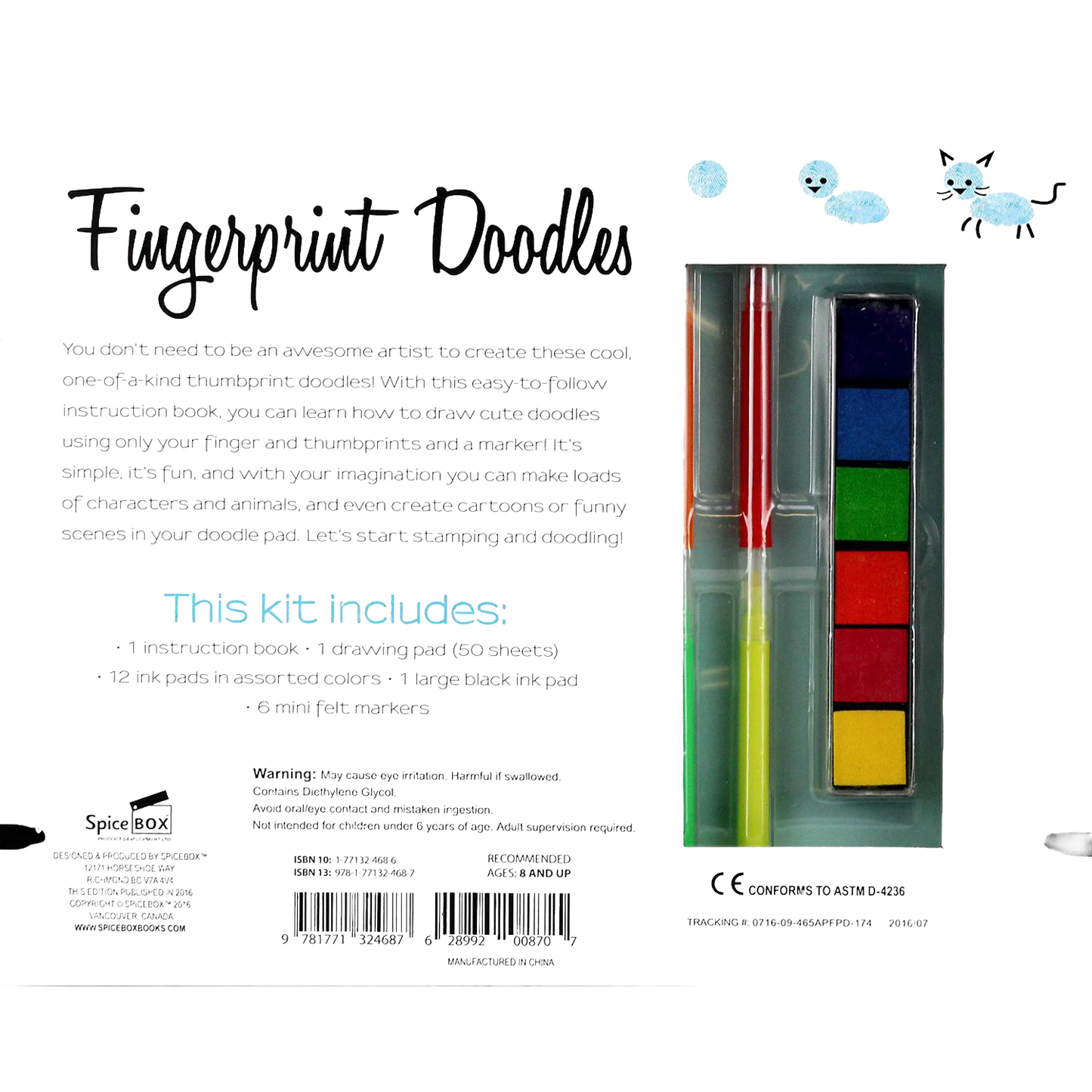 Back packaging of an art kit featuring colorful ink pads, two markers, and instructions for creating fingerprint doodles, ideal for children's arts and crafts activities in Toys, Books & Games and Children's Toys collections.