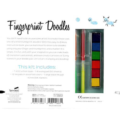 Back packaging of an art kit featuring colorful ink pads, two markers, and instructions for creating fingerprint doodles, ideal for children's arts and crafts activities in Toys, Books & Games and Children's Toys collections.