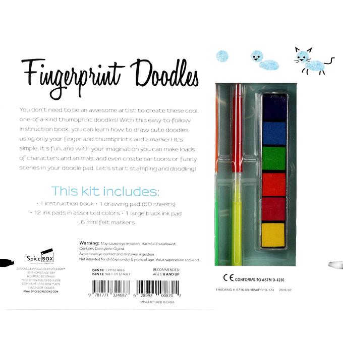 Back packaging of an art kit featuring colorful ink pads, two markers, and instructions for creating fingerprint doodles, ideal for children's arts and crafts activities in Toys, Books & Games and Children's Toys collections.
