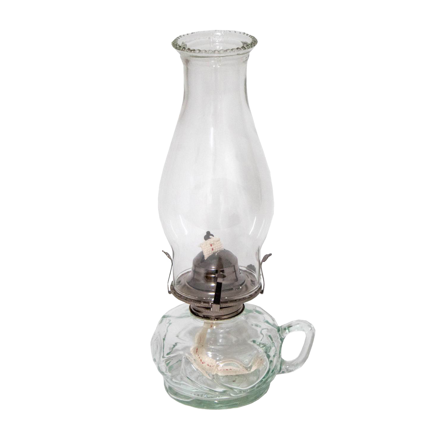Clear glass oil lamp with distinctive finger hold on the side of the base, featuring a tall glass chimney and metal burner, ideal for lamps & lighting, oil lamps, and table lamps collections.