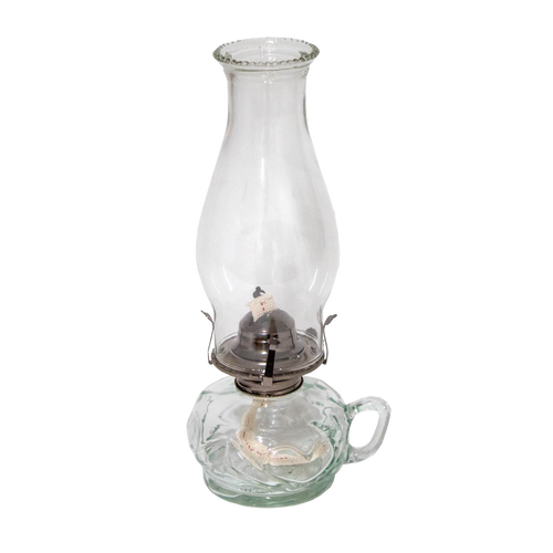 Clear glass oil lamp with distinctive finger hold on the side of the base, featuring a tall glass chimney and metal burner, ideal for lamps & lighting, oil lamps, and table lamps collections.
