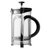 Clear borosilicate glass coffee press with stainless steel frame and plunger, black handle, brews five 4-oz espresso-sized cups, ideal for Kitchen & Food and Brewing Coffee collections.