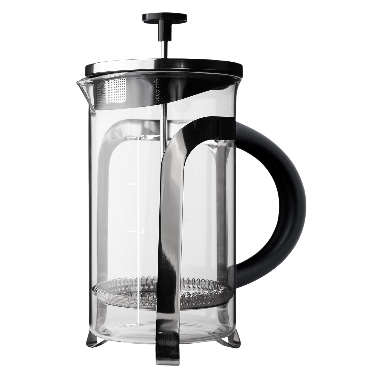 Clear borosilicate glass coffee press with stainless steel frame and plunger, black handle, brews five 4-oz espresso-sized cups, ideal for Kitchen & Food and Brewing Coffee collections.