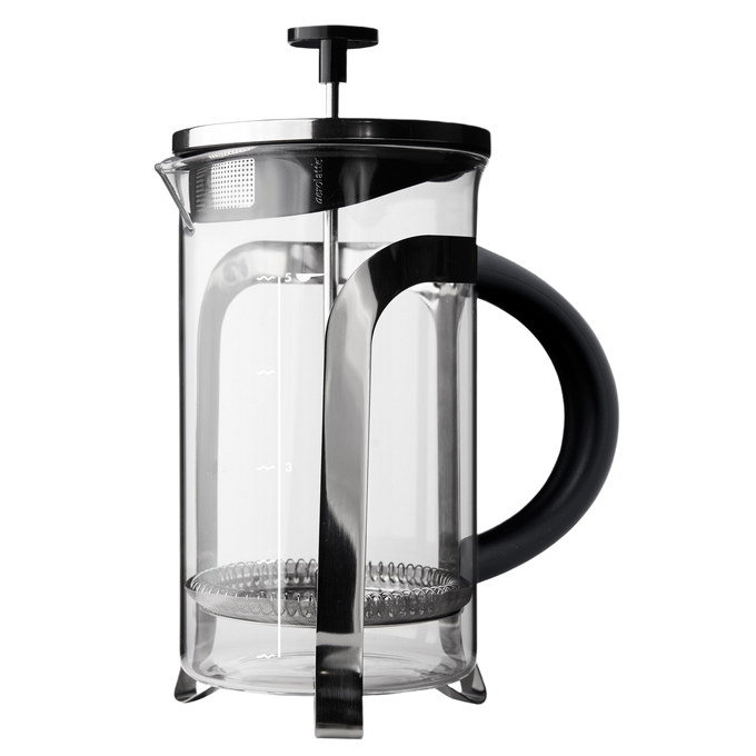 Clear borosilicate glass coffee press with stainless steel frame and plunger, black handle, brews five 4-oz espresso-sized cups, ideal for Kitchen & Food and Brewing Coffee collections.