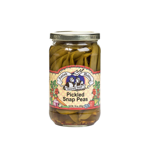 Glass jar of handcrafted pickled snap peas with colorful vintage-style label, made in USA, featured in Kitchen & Food, Pantry, and USA Made collections.