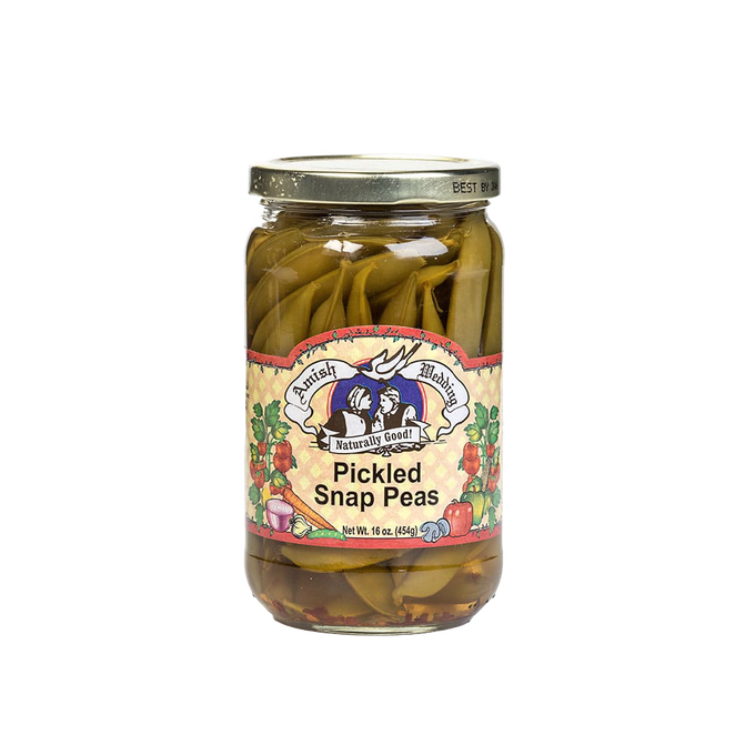 Glass jar of handcrafted pickled snap peas with colorful vintage-style label, made in USA, featured in Kitchen & Food, Pantry, and USA Made collections.