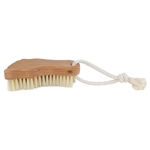 Soft-bristled foot brush with a durable oiled beechwood handle shaped for children's feet, featuring a hanging loop; ideal for gentle cleaning in Health & Wellness and Grooming collections.