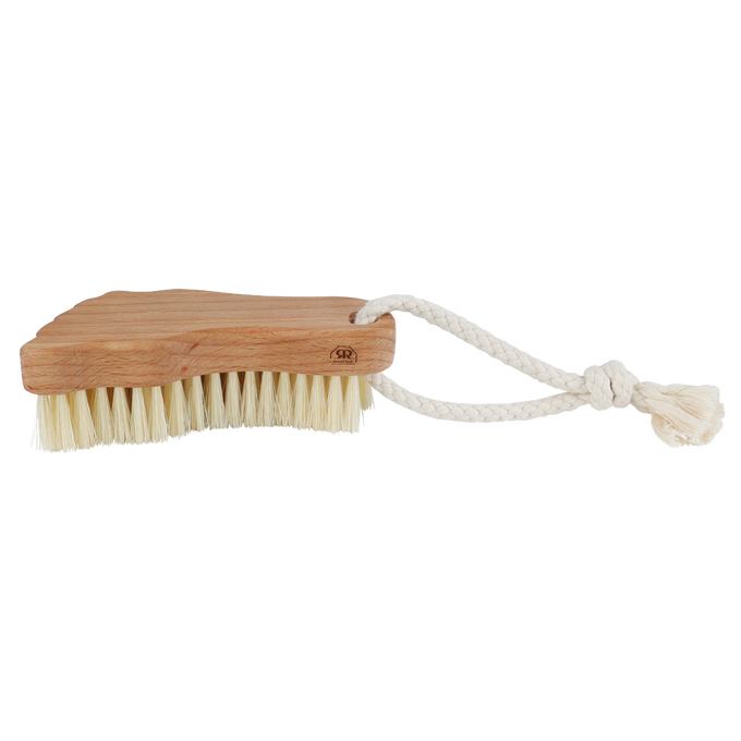 Soft-bristled foot brush with a durable oiled beechwood handle shaped for children's feet, featuring a hanging loop; ideal for gentle cleaning in Health & Wellness and Grooming collections.