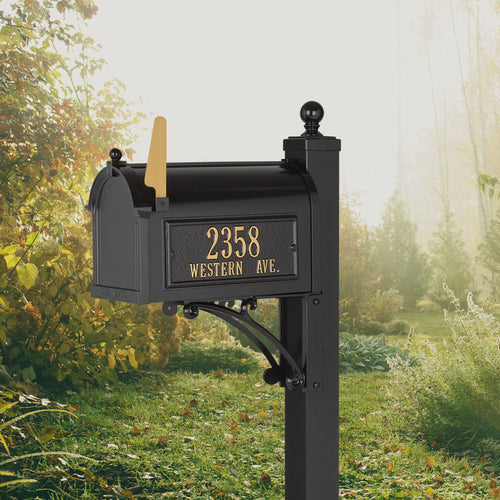 Handcrafted black and gold custom mailbox with post featuring personalized street address, made in USA, designed to enhance curb appeal in Home & Decor and Mailboxes and Address Signs collections.