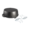 Portable round cast iron grill with raised grilling surface and detachable spring handles, handcrafted in USA, ideal for camping, outdoor cooking, and cast iron cookware collections.