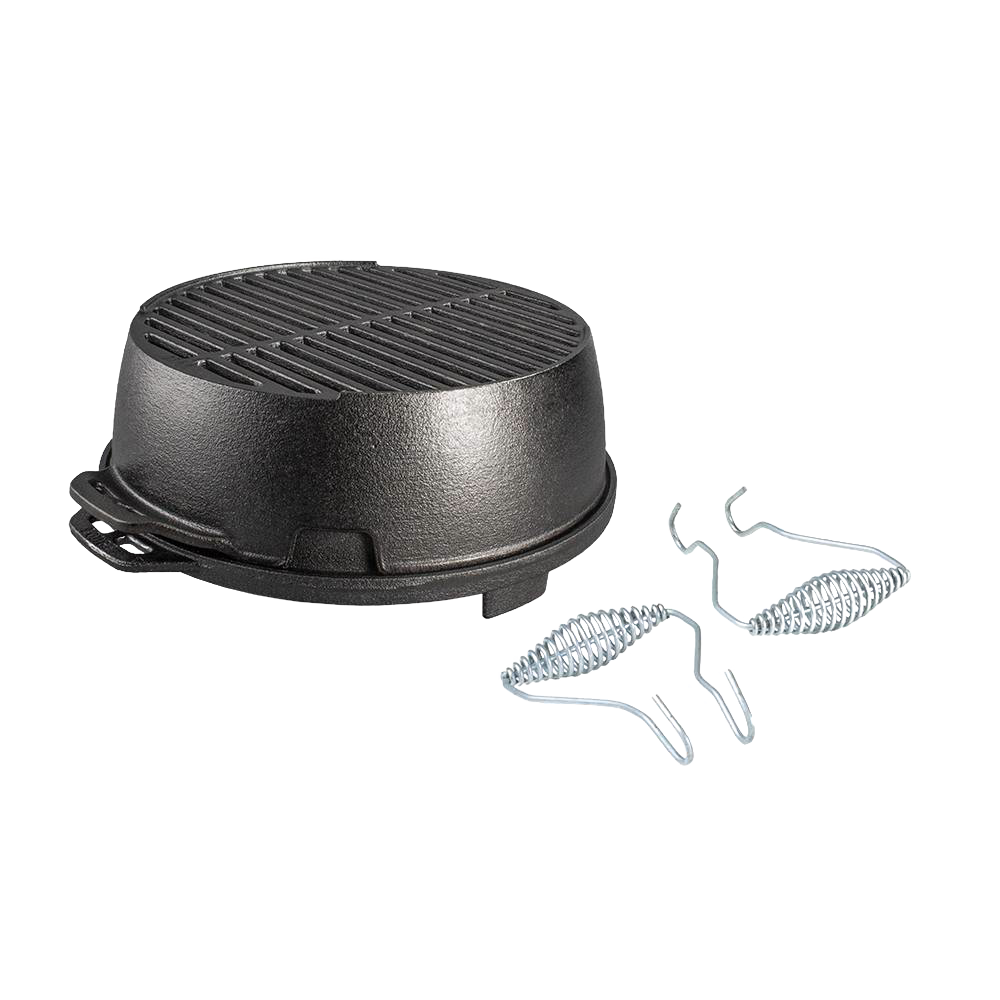 Portable round cast iron grill with raised grilling surface and detachable spring handles, handcrafted in USA, ideal for camping, outdoor cooking, and cast iron cookware collections.