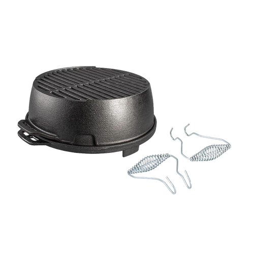 Portable round cast iron grill with raised grilling surface and detachable spring handles, handcrafted in USA, ideal for camping, outdoor cooking, and cast iron cookware collections.