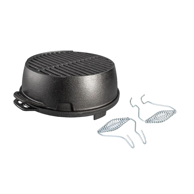 Portable round cast iron grill with raised grilling surface and detachable spring handles, handcrafted in USA, ideal for camping, outdoor cooking, and cast iron cookware collections.