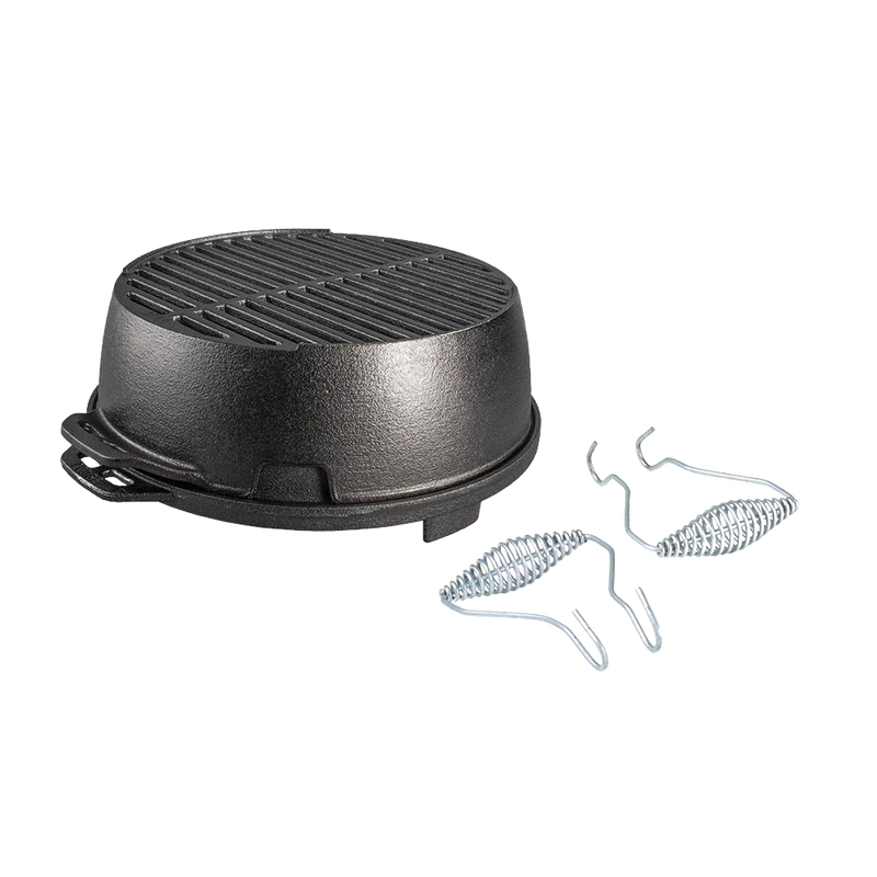 Portable round cast iron grill with raised grilling surface and detachable spring handles, handcrafted in USA, ideal for camping, outdoor cooking, and cast iron cookware collections.