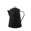 Black enamelware coffee boiler with white speckles, durable enamel-on-steel construction, sturdy handle and lid, ideal for Farm, Garden & Tool, Camping, and Brewing Coffee collections.