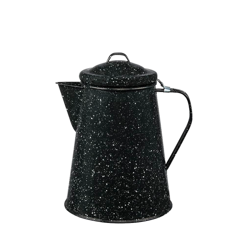 Black enamelware coffee boiler with white speckles, durable enamel-on-steel construction, sturdy handle and lid, ideal for Farm, Garden & Tool, Camping, and Brewing Coffee collections.
