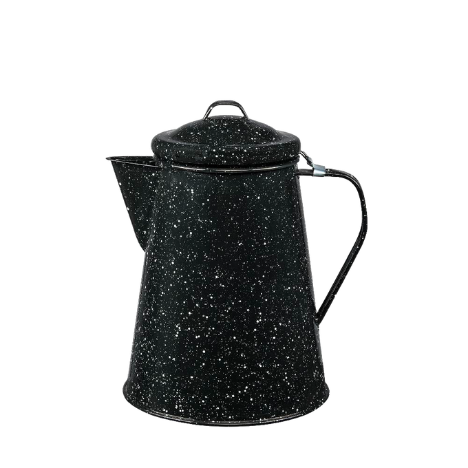 Black enamelware coffee boiler with white speckles, durable enamel-on-steel construction, sturdy handle and lid, ideal for Farm, Garden & Tool, Camping, and Brewing Coffee collections.