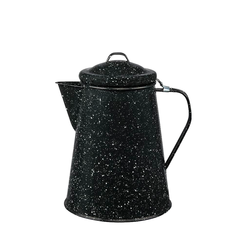 Black enamelware coffee boiler with white speckles, durable enamel-on-steel construction, sturdy handle and lid, ideal for Farm, Garden & Tool, Camping, and Brewing Coffee collections.