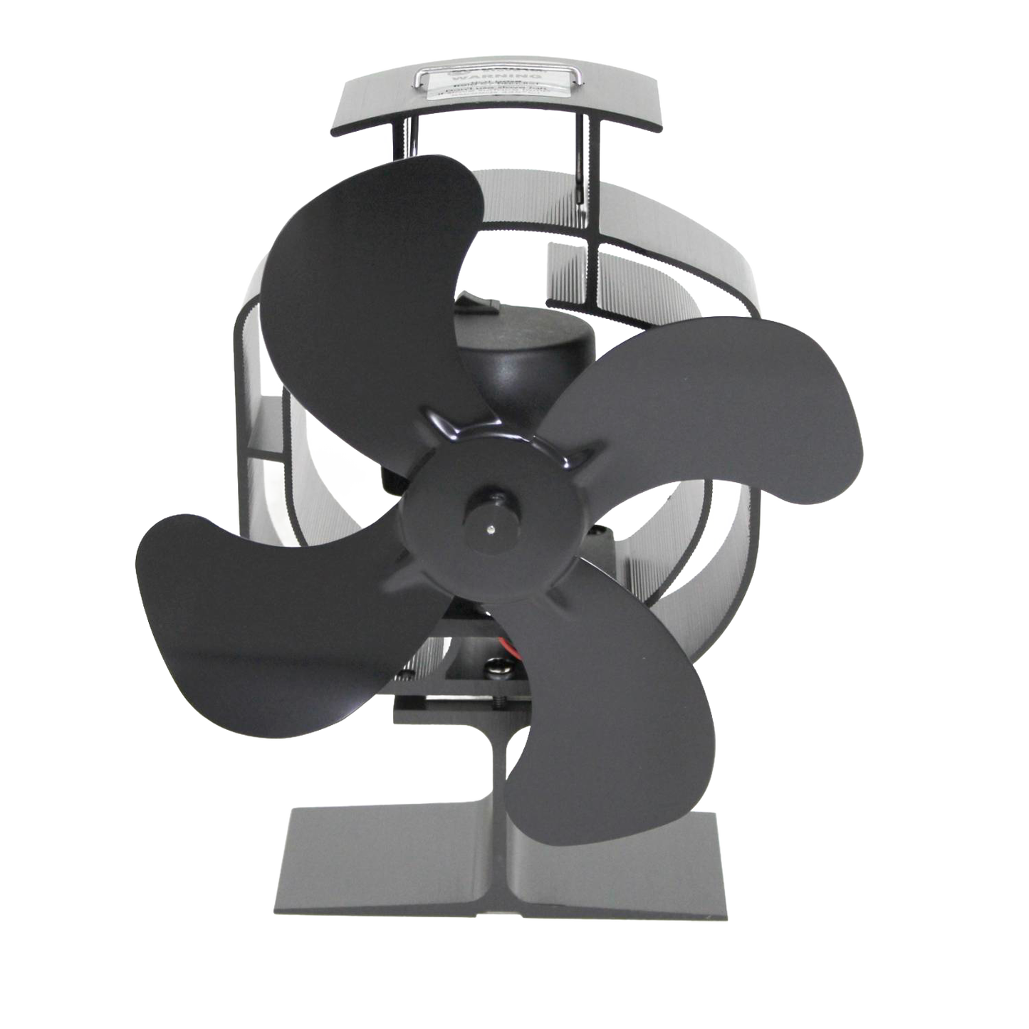 Black handcrafted heat-powered oscillating stove fan with four curved blades and finned metal frame, designed to enhance warm air circulation in stoves and hearth accessories collections.