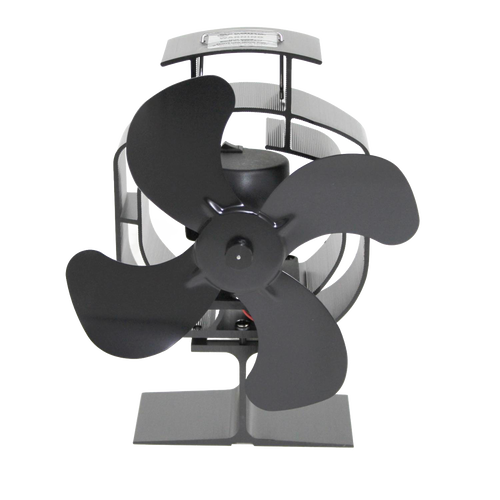 Black handcrafted heat-powered oscillating stove fan with four curved blades and finned metal frame, designed to enhance warm air circulation in stoves and hearth accessories collections.