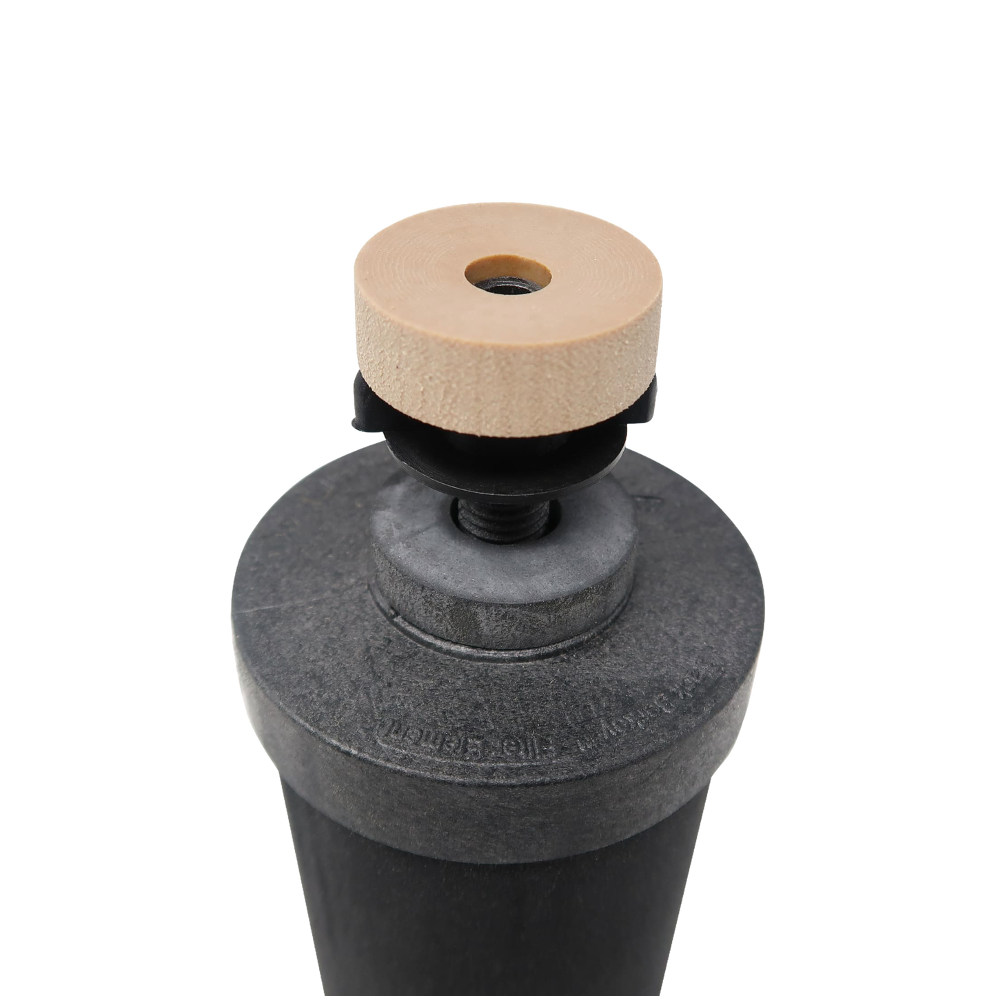 Close-up of a black Berkey water filter element featuring a wooden knob on top, designed for gravity-fed water filtration in appliances and water treatment collections.