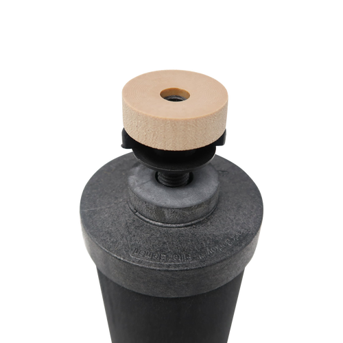 Close-up of a black Berkey water filter element featuring a wooden knob on top, designed for gravity-fed water filtration in appliances and water treatment collections.