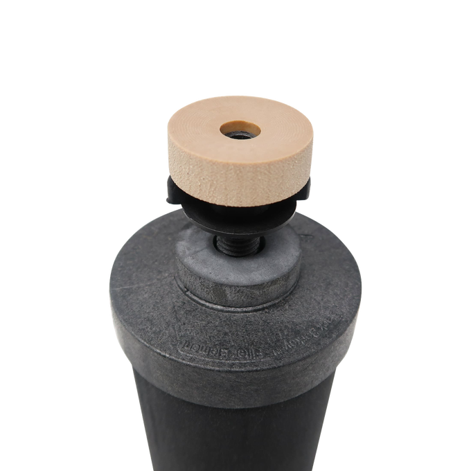 Close-up of a black Berkey water filter element featuring a wooden knob on top, designed for gravity-fed water filtration in appliances and water treatment collections.