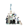 Illustrated Amish family portrait featuring adults, children, and a dog, styled in soft muted colors, reflecting heritage and lifestyle themes for children's books and toys collections.
