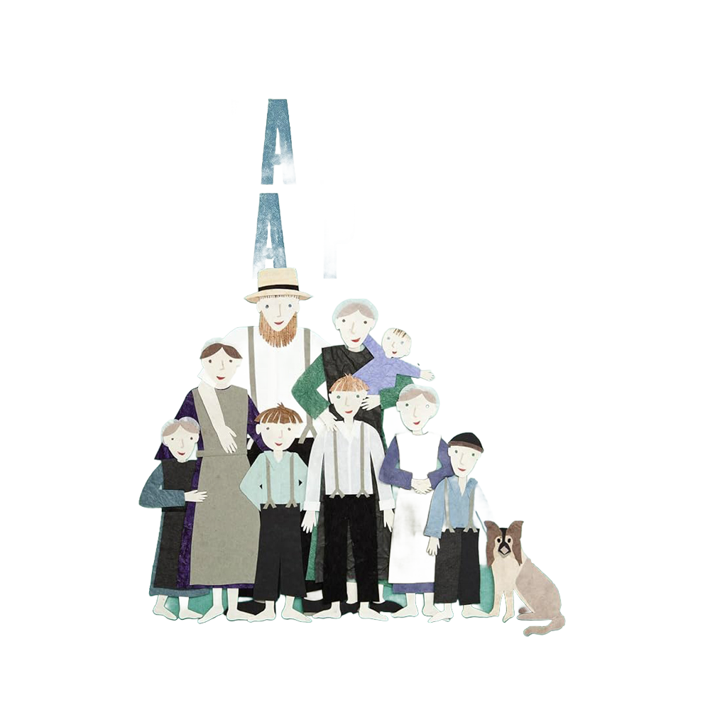 Illustrated Amish family portrait featuring adults, children, and a dog, styled in soft muted colors, reflecting heritage and lifestyle themes for children's books and toys collections.