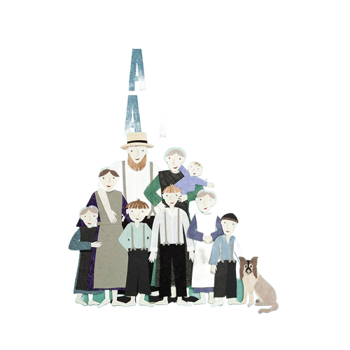 Illustrated Amish family portrait featuring adults, children, and a dog, styled in soft muted colors, reflecting heritage and lifestyle themes for children's books and toys collections.