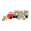 Wooden educational toy truck with a detachable trailer holding 28 colorful alphabet blocks featuring letters and animal illustrations, part of children's wooden toys and best sellers collections.