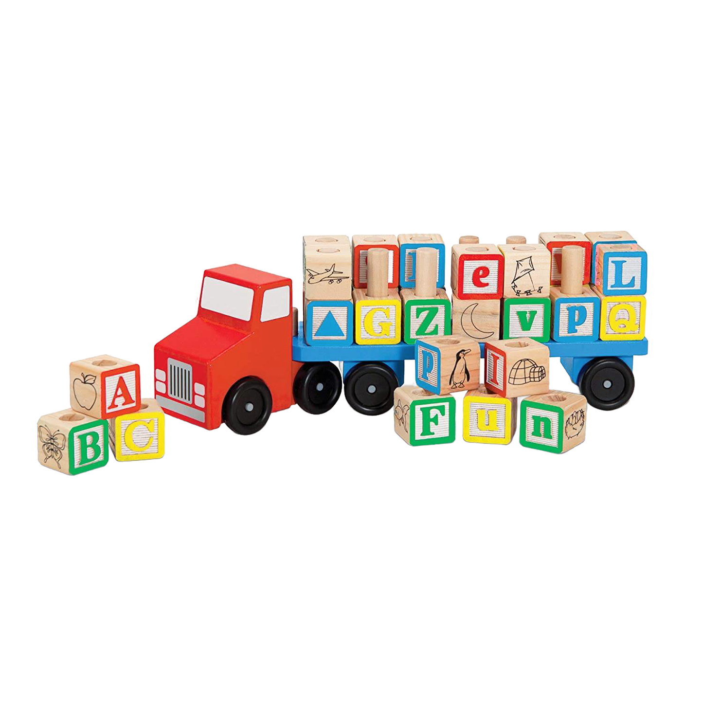 Wooden educational toy truck with a detachable trailer holding 28 colorful alphabet blocks featuring letters and animal illustrations, part of children's wooden toys and best sellers collections.