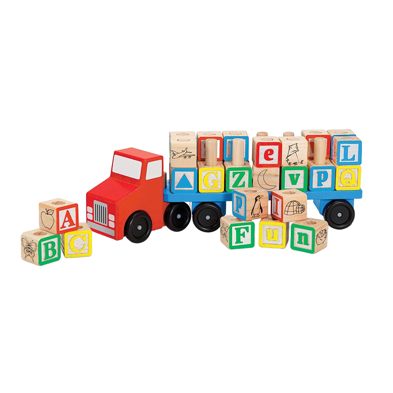 Wooden educational toy truck with a detachable trailer holding 28 colorful alphabet blocks featuring letters and animal illustrations, part of children's wooden toys and best sellers collections.