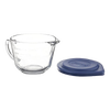 Heavy, thick-walled clear glass batter bowl with helpful spout and sturdy handle, paired with a blue lid, handcrafted and made in USA for Kitchen & Food, Cookware, Baking Supplies, and Storage collections.