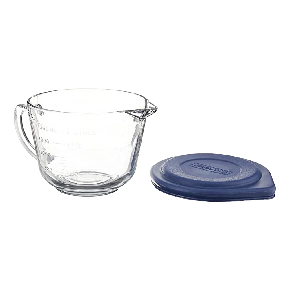 Heavy, thick-walled clear glass batter bowl with helpful spout and sturdy handle, paired with a blue lid, handcrafted and made in USA for Kitchen & Food, Cookware, Baking Supplies, and Storage collections.