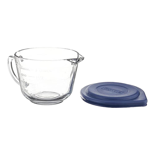 Heavy, thick-walled clear glass batter bowl with helpful spout and sturdy handle, paired with a blue lid, handcrafted and made in USA for Kitchen & Food, Cookware, Baking Supplies, and Storage collections.