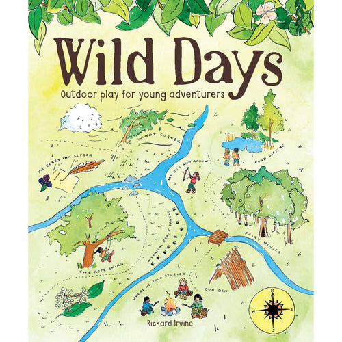 Book cover illustration showing a whimsical map with outdoor activity spots like rope swings, den building, and pond diving, designed for children’s books and outdoor play collections.