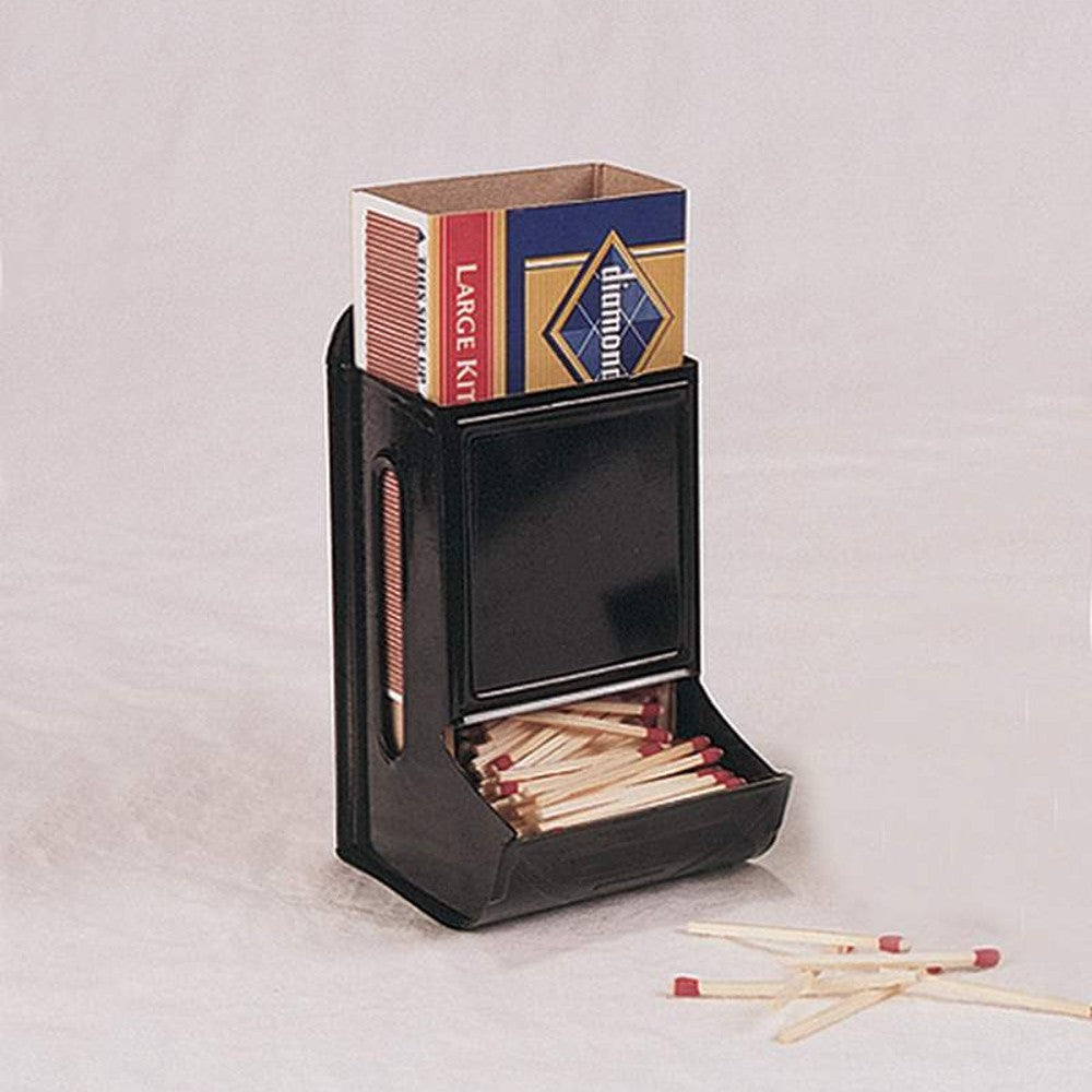 Handcrafted black metal match holder designed to store and dispense wooden kitchen matches, ideal for hearth accessories and stove collections with promo eligibility.