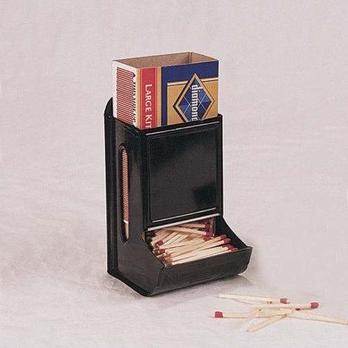 Handcrafted black metal match holder designed to store and dispense wooden kitchen matches, ideal for hearth accessories and stove collections with promo eligibility.
