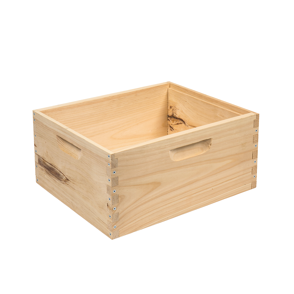 Handcrafted wooden beehive box with dovetail joints and built-in handles, made in the USA, ideal for farm, garden, and beekeeping supplies in Amish made collection.