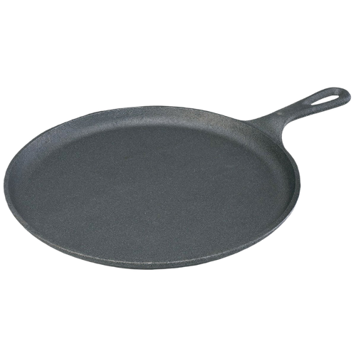 Handcrafted cast iron round griddle with a flat bottom for excellent heat conduction, made in USA, ideal for Kitchen & Food, Cookware, Cast Iron, USA Made, and Best Sellers collections.