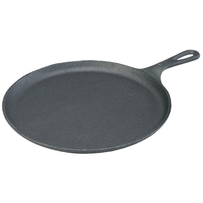 Handcrafted cast iron round griddle with a flat bottom for excellent heat conduction, made in USA, ideal for Kitchen & Food, Cookware, Cast Iron, USA Made, and Best Sellers collections.