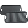 Two-sided cast iron griddle with one flat smooth surface and one ridged grill surface, featuring handles on each end, made in USA and crafted for versatile cooking in Kitchen & Food collections.