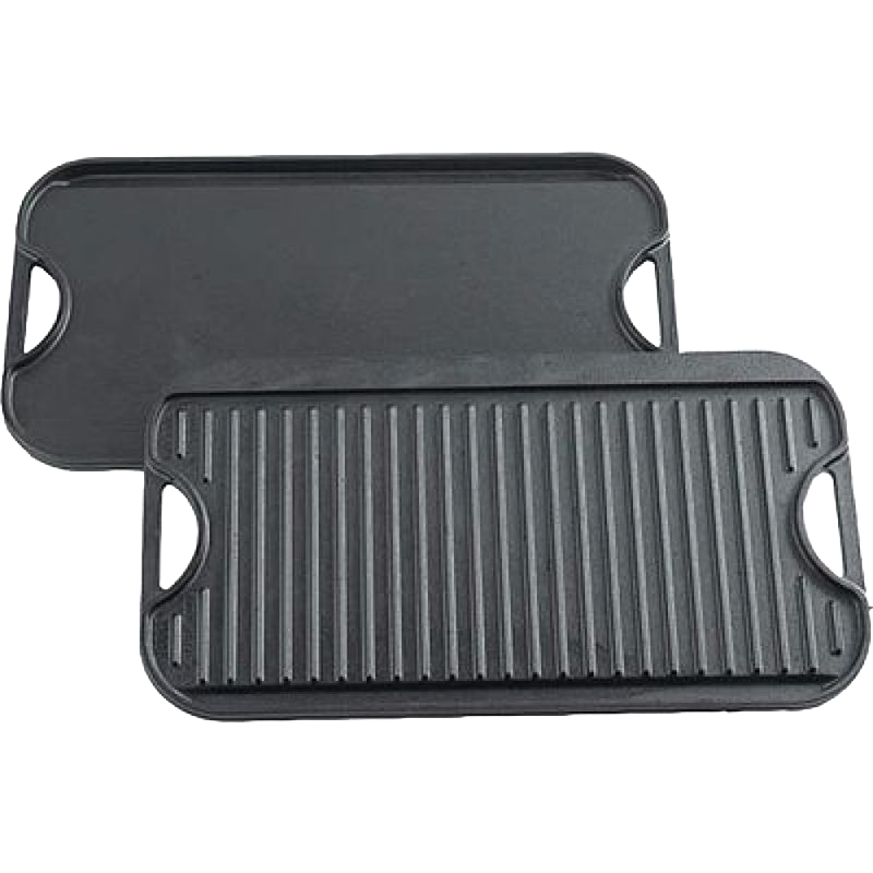 Two-sided cast iron griddle with one flat smooth surface and one ridged grill surface, featuring handles on each end, made in USA and crafted for versatile cooking in Kitchen & Food collections.