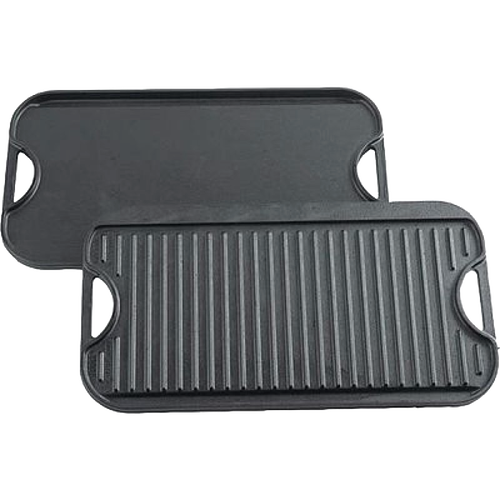 Two-sided cast iron griddle with one flat smooth surface and one ridged grill surface, featuring handles on each end, made in USA and crafted for versatile cooking in Kitchen & Food collections.