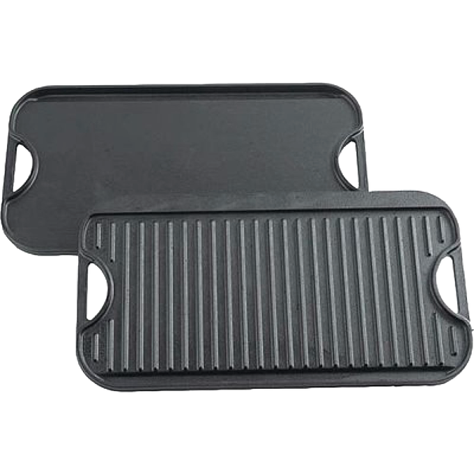 Two-sided cast iron griddle with one flat smooth surface and one ridged grill surface, featuring handles on each end, made in USA and crafted for versatile cooking in Kitchen & Food collections.