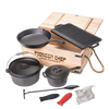 Cast iron cook set featuring skillet, grill pan, Dutch oven, smaller pot, and accessories arranged with wooden storage box, designed for versatile use in camping, kitchen, and outdoor cooking in Farm, Garden & Tool, Cookware, and Best Sellers collections.